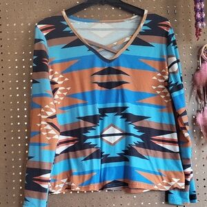 Aztec-Print V-Neck Long Sleeve Top in Turquoise & Brown 30051